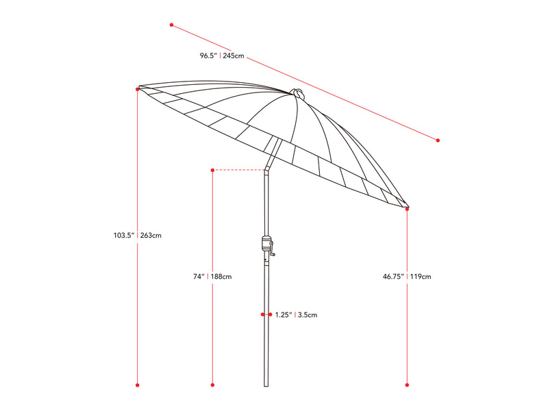 grey parasol umbrella, tilting Sun Shield measurements diagram CorLiving