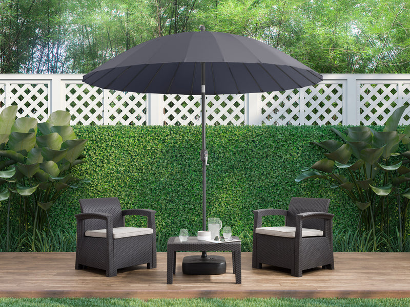 grey parasol umbrella, tilting Sun Shield lifestyle scene CorLiving