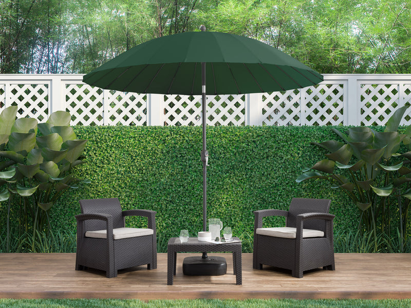 dark green parasol umbrella, tilting Sun Shield lifestyle scene CorLiving