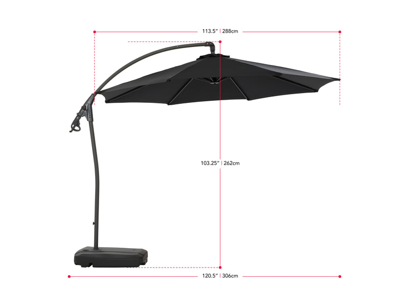 black cantilever patio umbrella with base Endure measurements diagram CorLiving