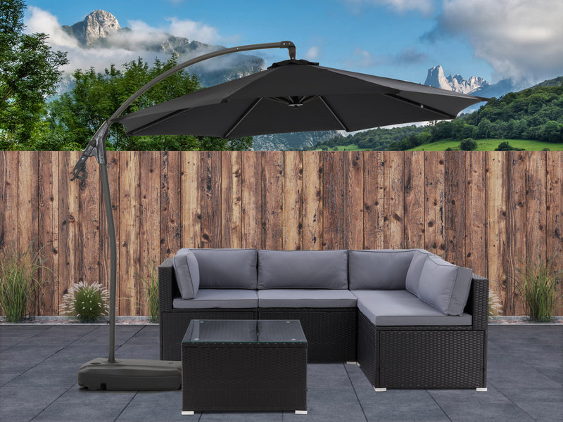 black cantilever patio umbrella with base Endure lifestyle scene CorLiving
