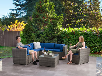 blended grey weave and oxford blue Outdoor Sectional Set, 7pc Parksville Collection lifestyle scene by CorLiving#color_blended-grey-weave-and-oxford-blue