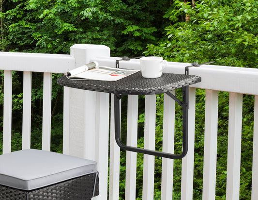 Black metal balcony railing table with natural wood tabletop, featuring a compact design for small outdoor spaces. Ideal for patios and balconies, providing a sturdy and stylish surface for drinks and decor.