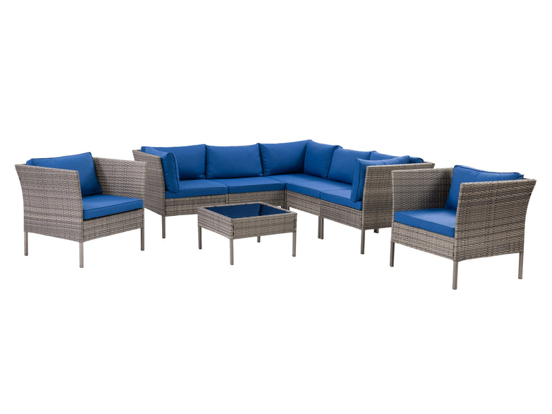 blended grey weave and oxford blue L Shaped Outdoor Sectional, 8pc Parksville Collection product image by CorLiving
