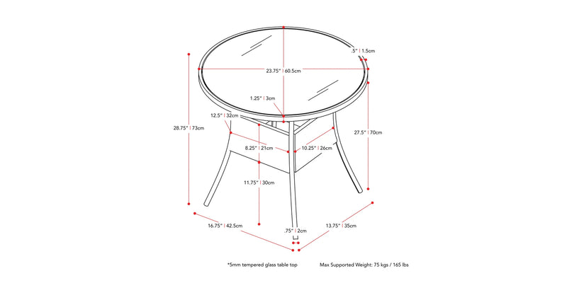 black weave Bistro Table Parksville Collection measurements diagram by CorLiving
