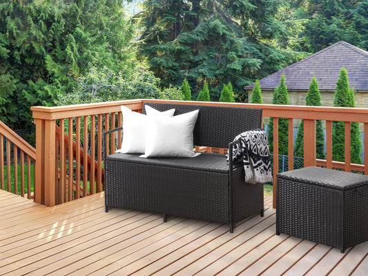 Outdoor patio bench with storage, featuring a sleek black metal frame, natural wood slats, and a comfortable cushioned seat in beige. Ideal for garden or backyard, blending functionality with stylish design.