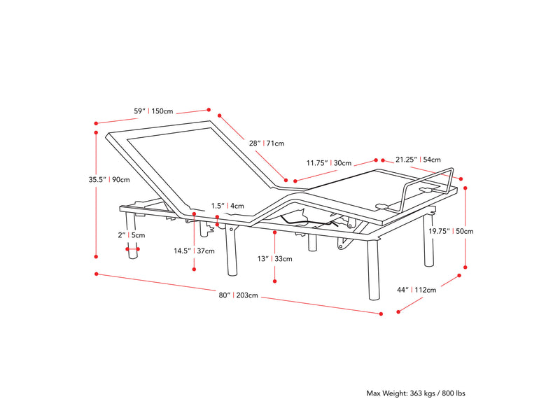 Electric Adjustable Bed Frame, Queen measurements diagram by CorLiving