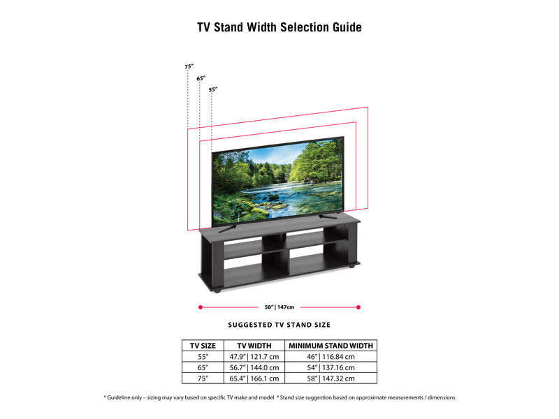 black Wood TV Stand for TVs up to 75" Bakersfield Collection diagram by CorLiving