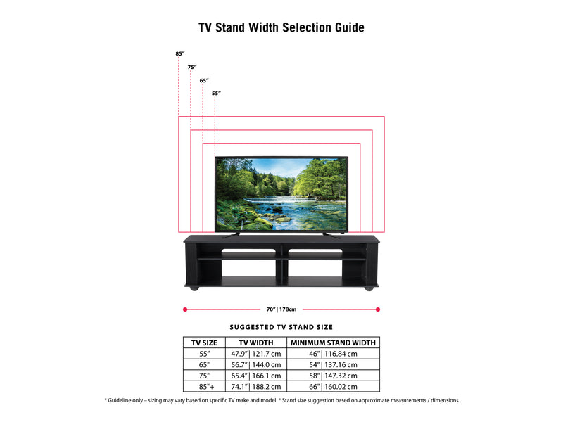 black TV Stand Black for TVs up to 85" Bakersfield Collection infographic by CorLiving