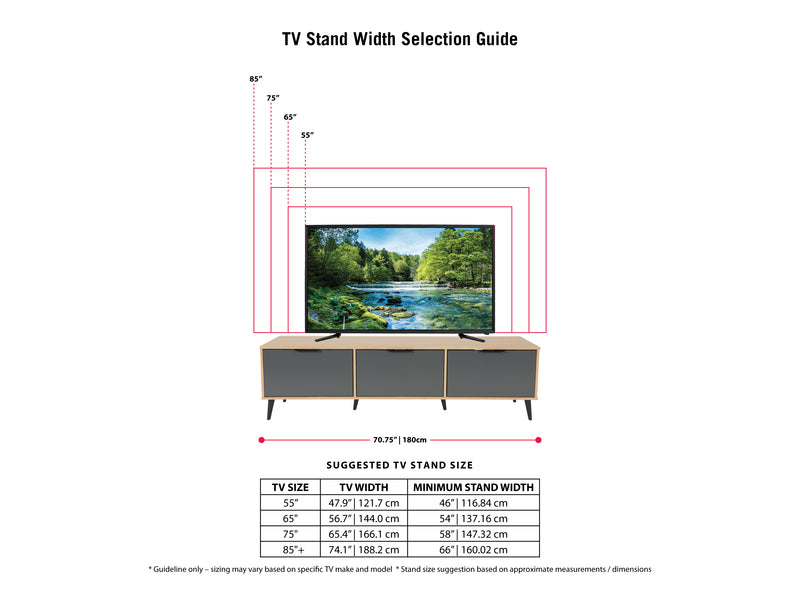light wood and grey TV Bench with Cabinet Storage, TVs up to 85" Cole Collection infographic by CorLiving