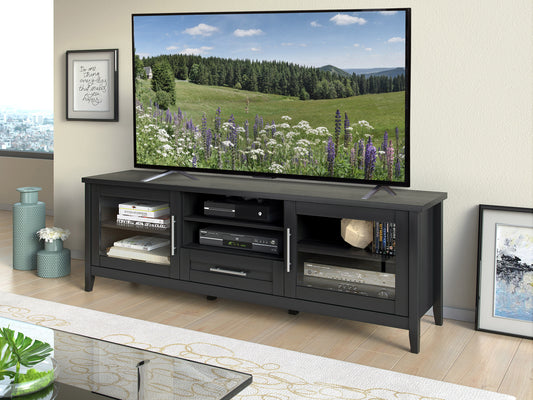 Modern TV stand with doors, fits TVs up to 85 inches, featuring a sleek black finish, wooden accents, spacious storage compartments, and cable management system. Perfect for contemporary living rooms.