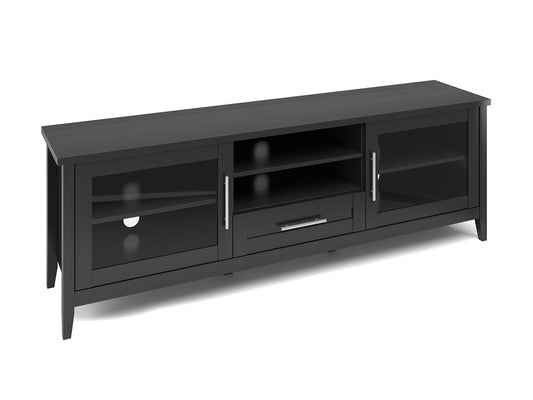 Modern TV stand with doors, fits TVs up to 85 inches, featuring a sleek black finish, sturdy wooden construction, and minimalist design with ample storage space for electronics and accessories.