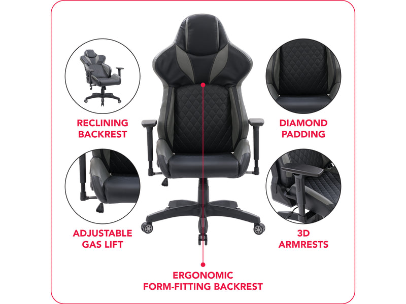 black and grey Gaming Reclining Chair Nightshade Collection infographic by CorLiving
