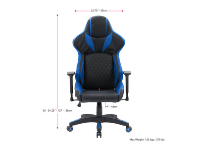 black and blue Gaming Reclining Chair Nightshade Collection measurements diagram by CorLiving#color_black-and-blue