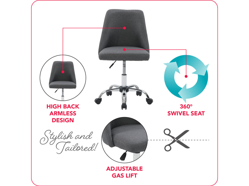 dark grey Armless Task Chair Marlowe Collection infographic by CorLiving