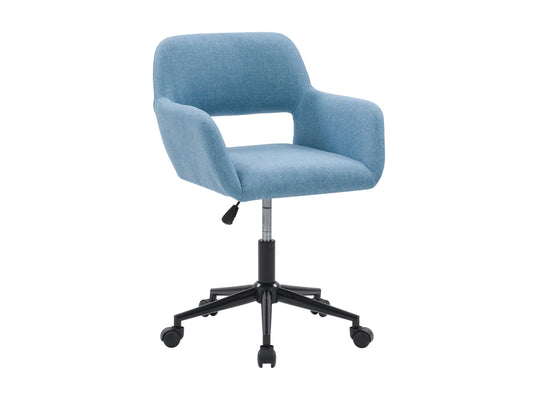 Ergonomic office task chair with open back, black mesh fabric, adjustable armrests, and cushioned seat on a five-wheel base.