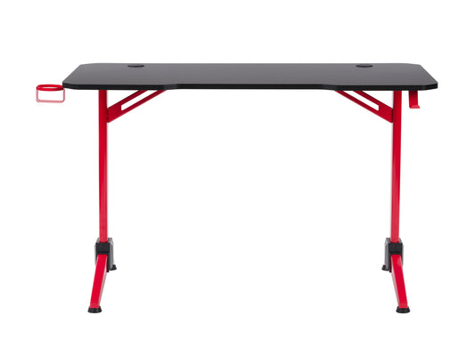 Red and black gaming desk with carbon fiber texture, ergonomic design, and built-in cable management system, featuring a sturdy metal frame and spacious surface for monitors, keyboards, and gaming accessories.