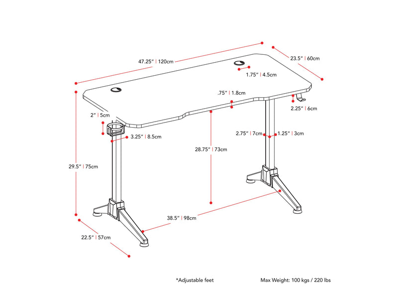 Red and Black Gaming Desk with LED Lights Conqueror Collection measurements diagram by CorLiving