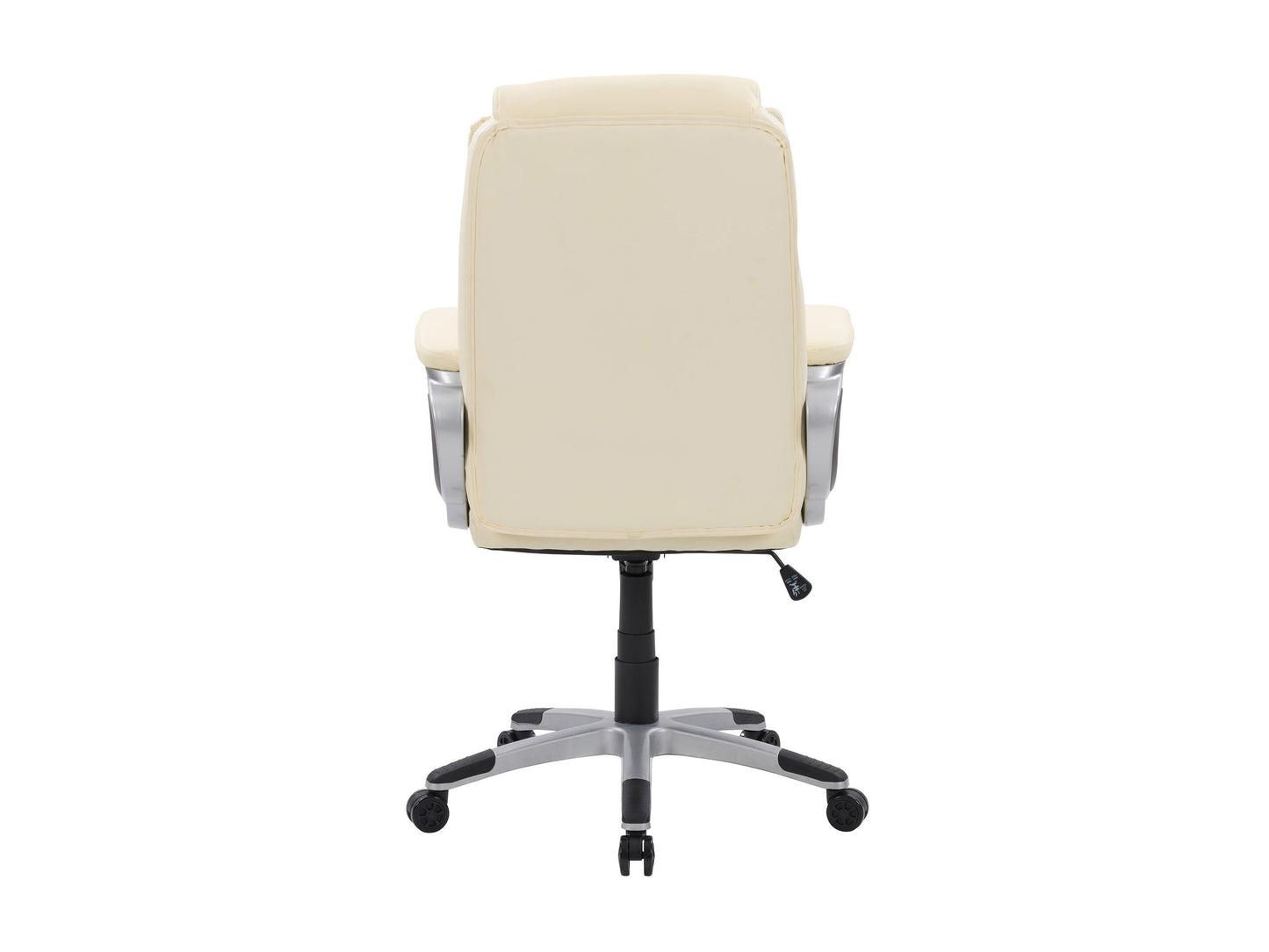 Cream office chair with ergonomic design, adjustable height, padded seat, and backrest. Features chrome base and smooth-rolling casters, ideal for modern home office or workspace.