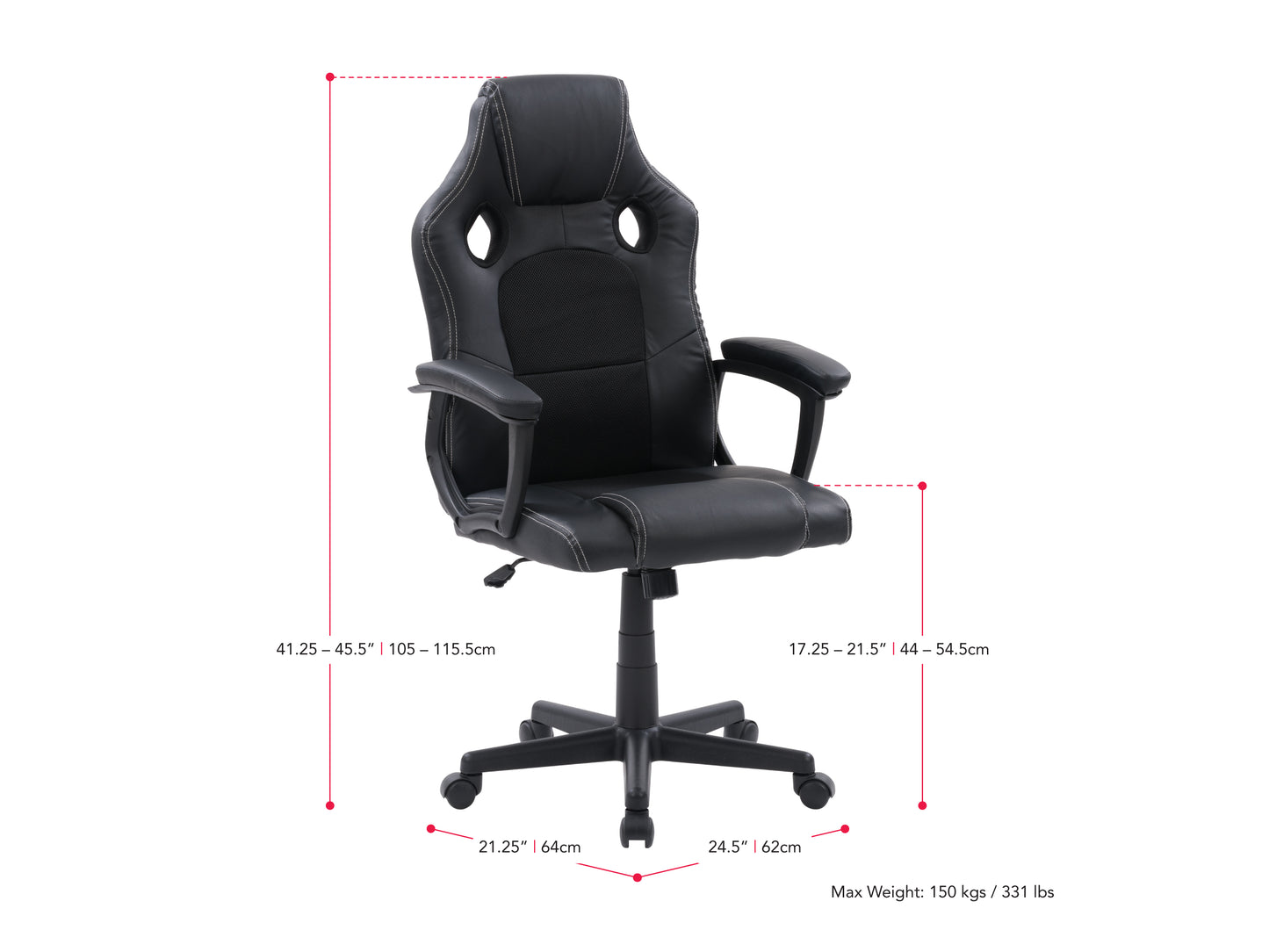Black and red reclining gaming chair with ergonomic design, adjustable armrests, high backrest, and lumbar support cushion, made of PU leather and breathable mesh fabric, ideal for gamers and office use.