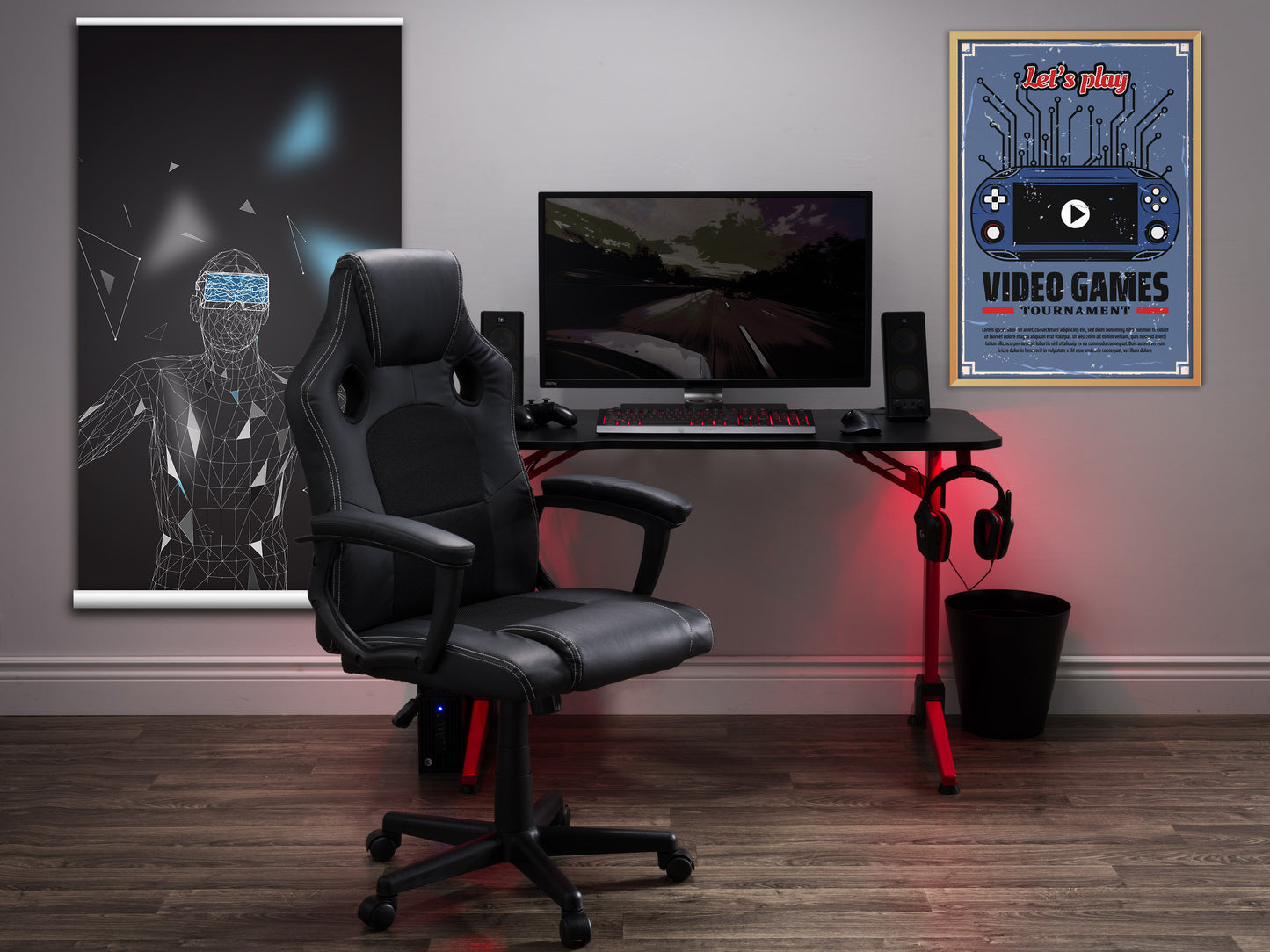 Black and red reclining gaming chair with ergonomic design, adjustable armrests, lumbar support, and high-density foam padding, perfect for long gaming sessions and office use.