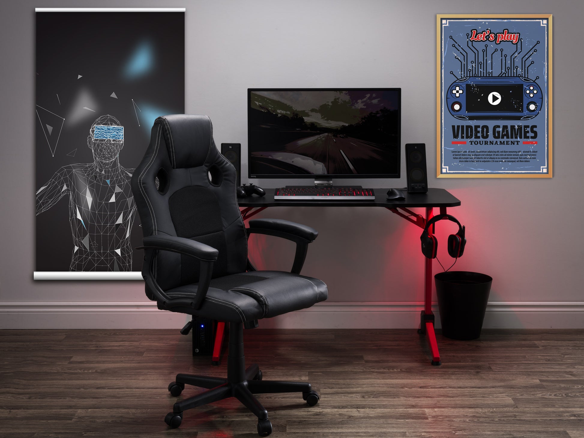 Black and red reclining gaming chair with ergonomic design, adjustable armrests, lumbar support, and high-density foam padding, perfect for long gaming sessions and office use.