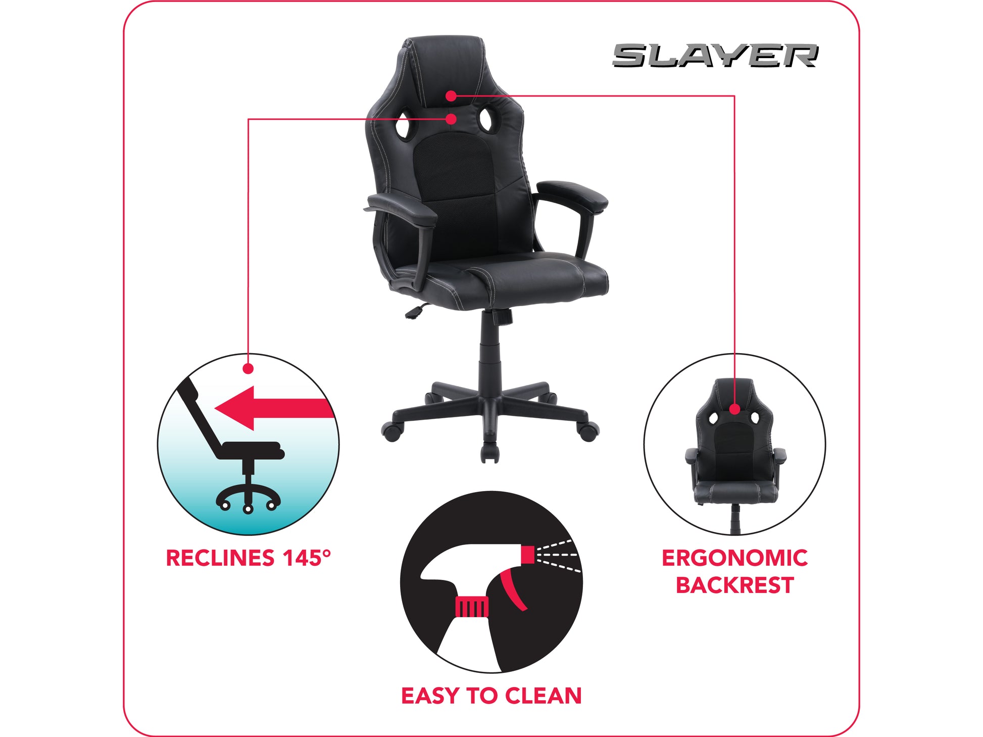 Ergonomic black and white reclining gaming chair with adjustable armrests, lumbar support, and high-density foam padding on a sturdy metal frame.