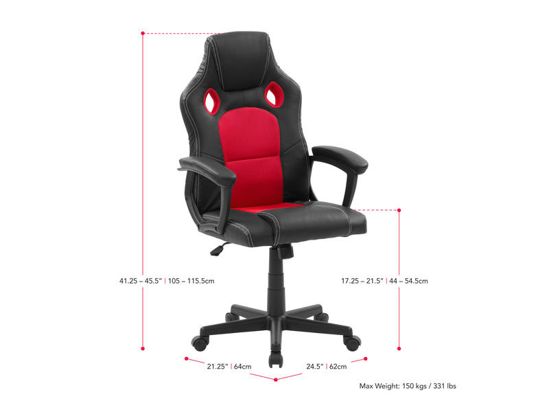 red and black Reclining Gaming Chair Slayer Collection measurements diagram by CorLiving