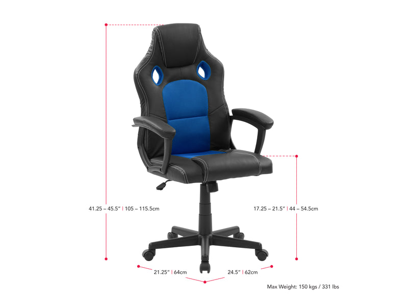 blue and black Reclining Gaming Chair Slayer Collection measurements diagram by CorLiving