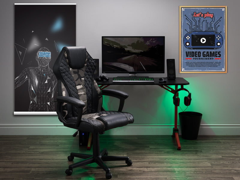 camo and black Ergonomic Gaming Chair Thrasher Collection lifestyle scene by CorLiving