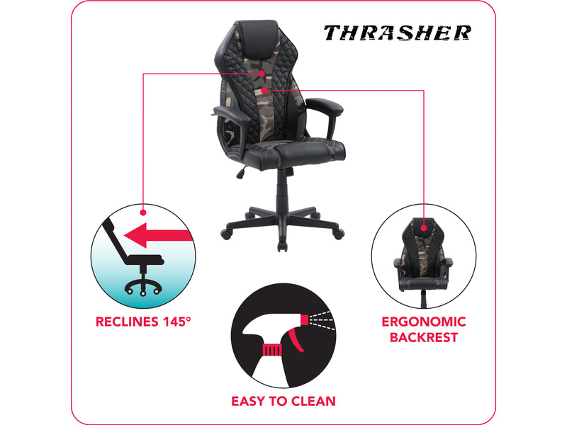 camo and black Ergonomic Gaming Chair Thrasher Collection infographic by CorLiving