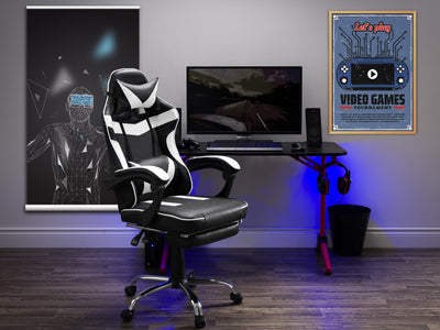 white and black Gaming Chair with Footrest Demolisher Collection lifestyle scene by CorLiving#color_white-and-black
