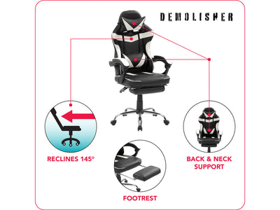 white and black Gaming Chair with Footrest Demolisher Collection infographic by CorLiving#color_white-and-black