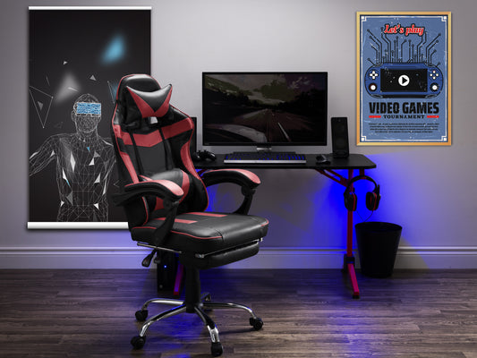 Ergonomic black and red gaming chair with adjustable armrests, high backrest, and extendable footrest, featuring breathable mesh fabric and lumbar support for ultimate comfort during long gaming sessions.