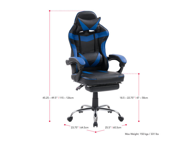 blue and black Gaming Chair with Footrest Demolisher Collection measurements diagram by CorLiving