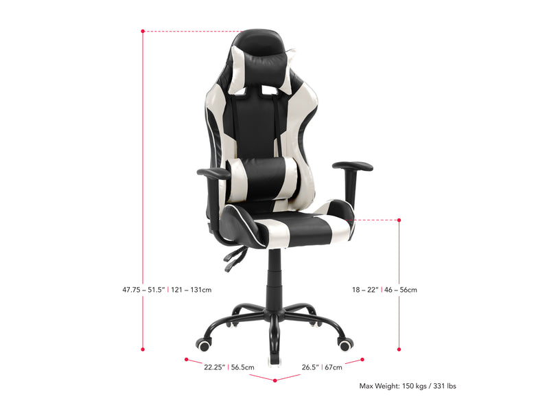 white and black Recliner Gaming Chair Predator Collection measurements diagram by CorLiving