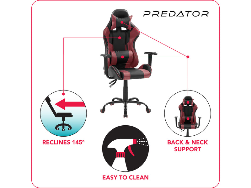 red and black Recliner Gaming Chair Predator Collection infographic by CorLiving