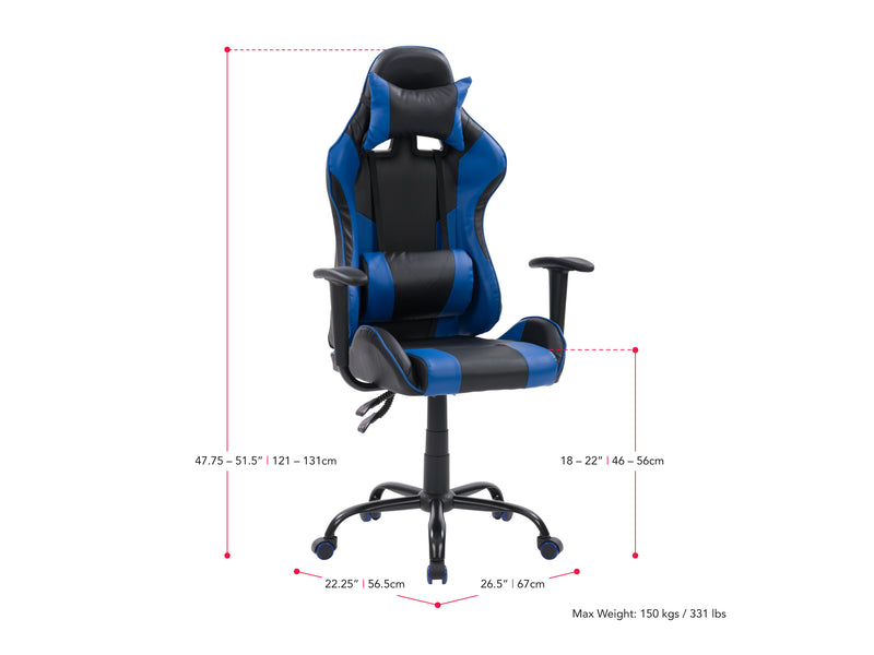 blue and black Recliner Gaming Chair Predator Collection measurements diagram by CorLiving