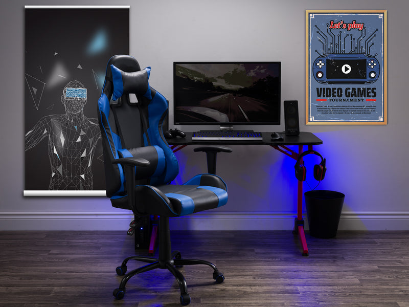 blue and black Recliner Gaming Chair Predator Collection lifestyle scene by CorLiving