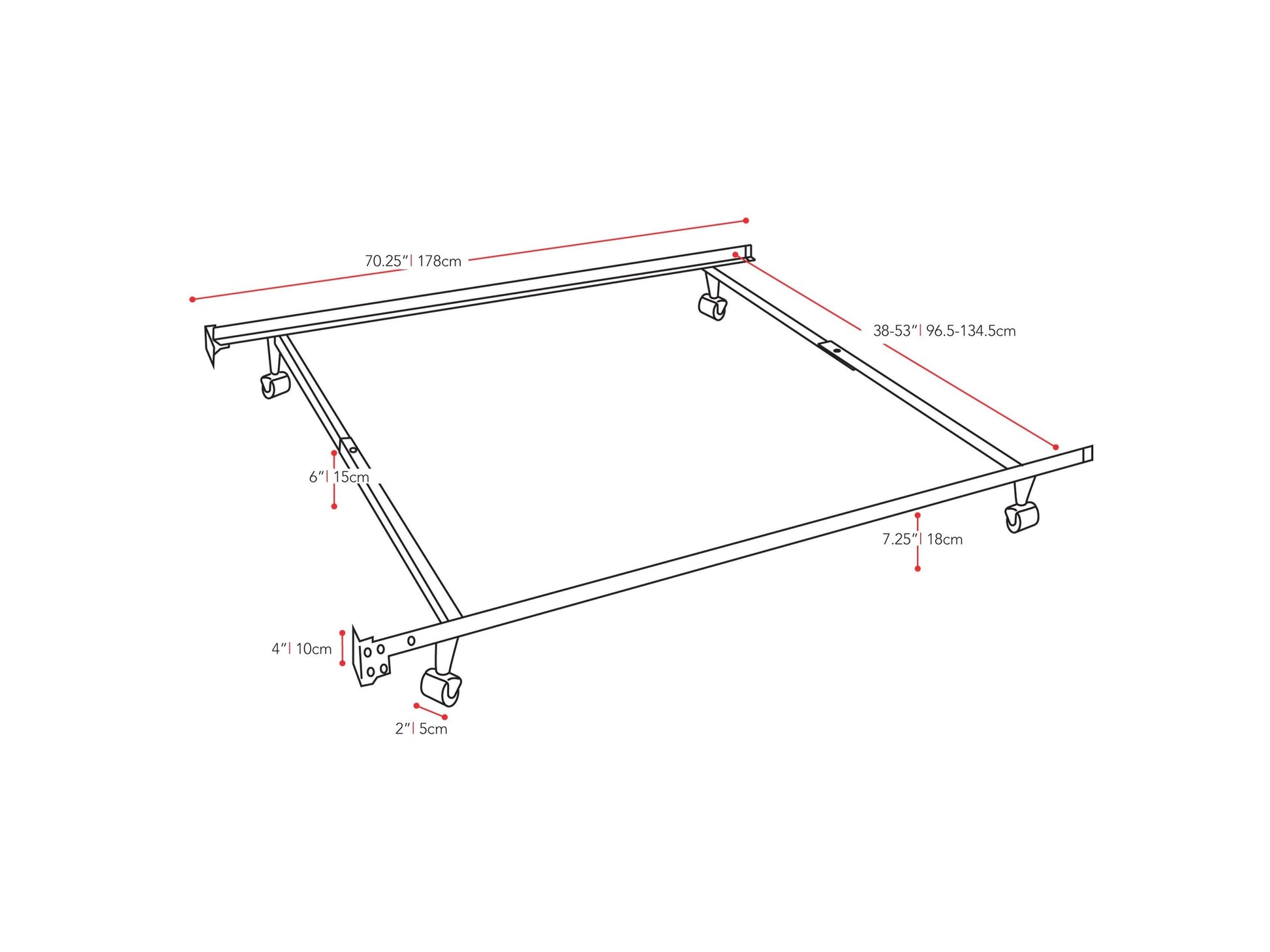 Adjustable Metal Bed Frame, Twin / Full measurements diagram by CorLiving