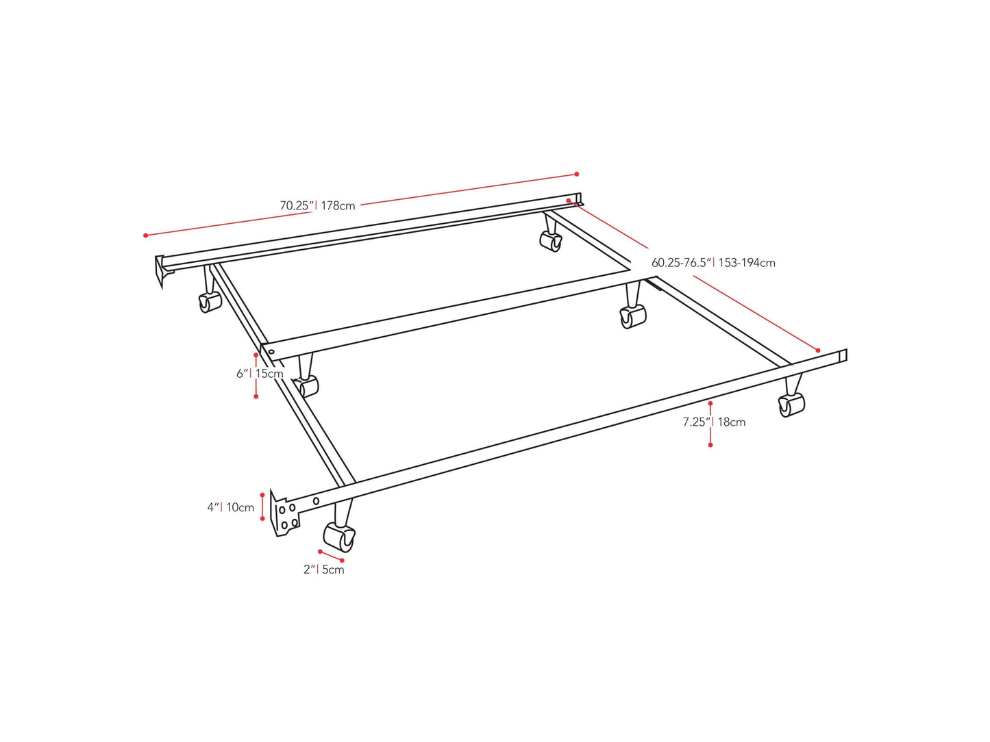 Adjustable Metal Bed Frame, Queen / King measurements diagram by CorLiving