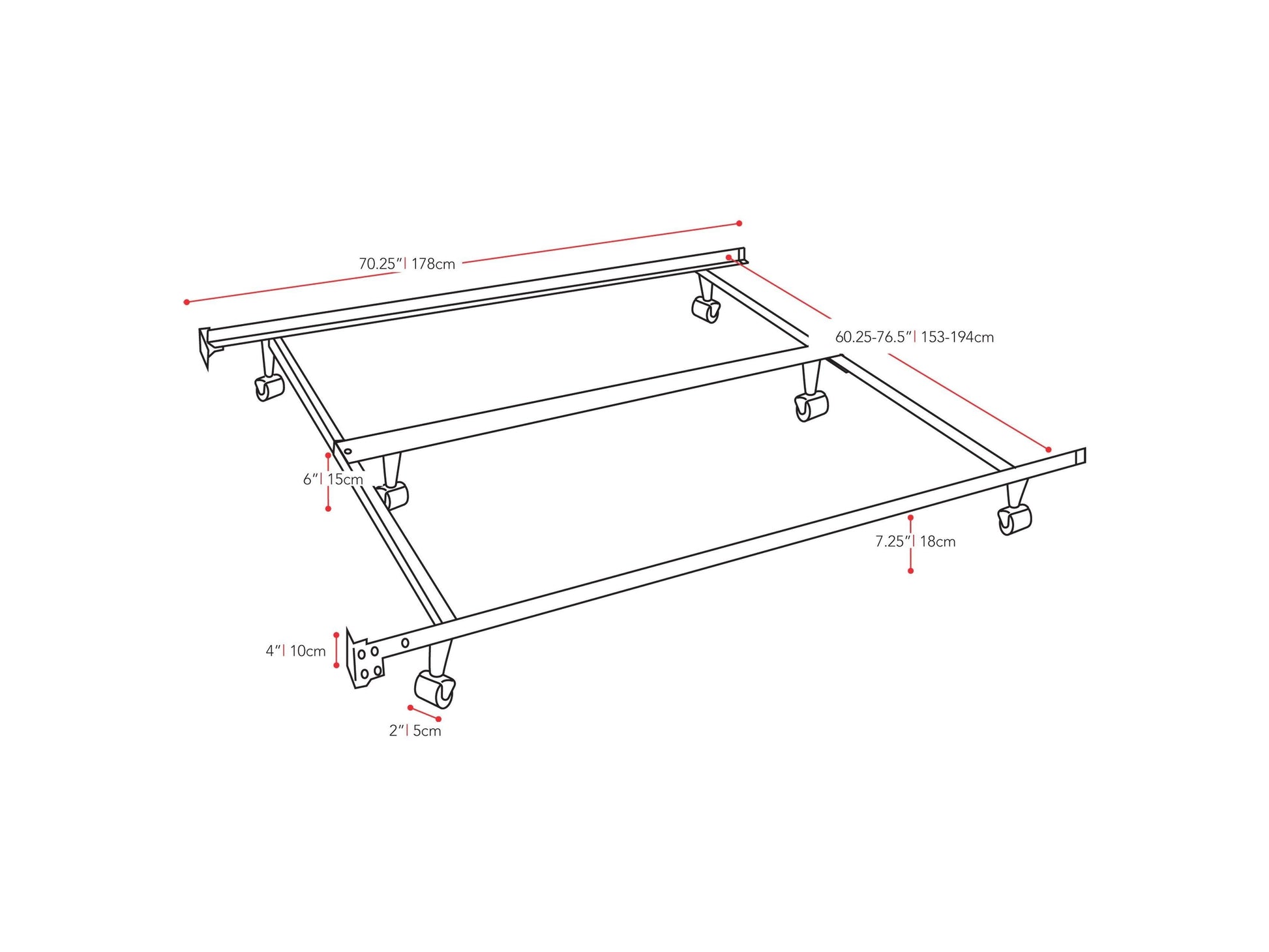 Adjustable Metal Bed Frame, Queen / King measurements diagram by CorLiving
