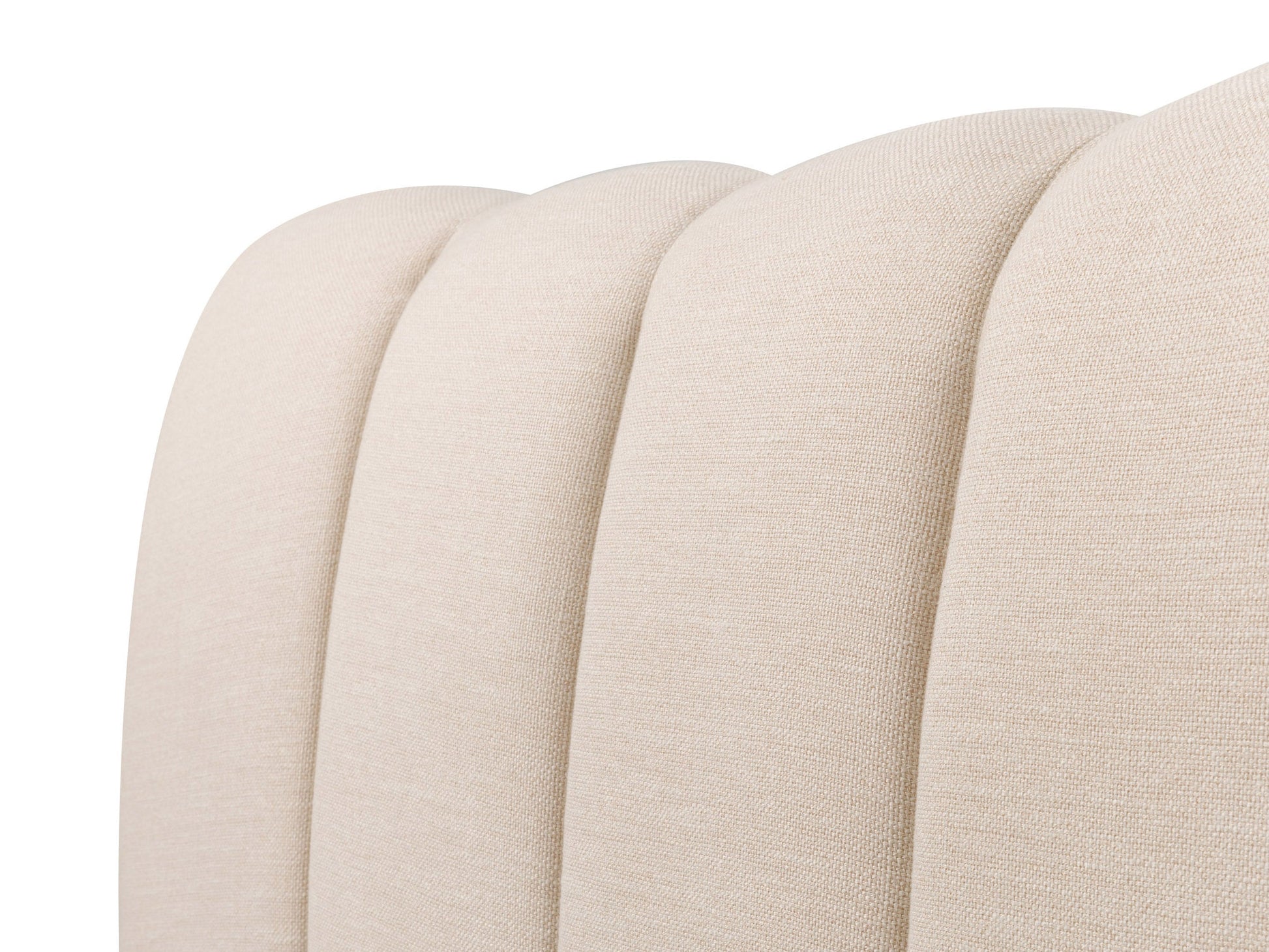 Cream channel tufted double/full bed with plush upholstery, sleek wooden legs, and elegant vertical stitching. Perfect for modern bedrooms seeking a blend of comfort and sophistication.