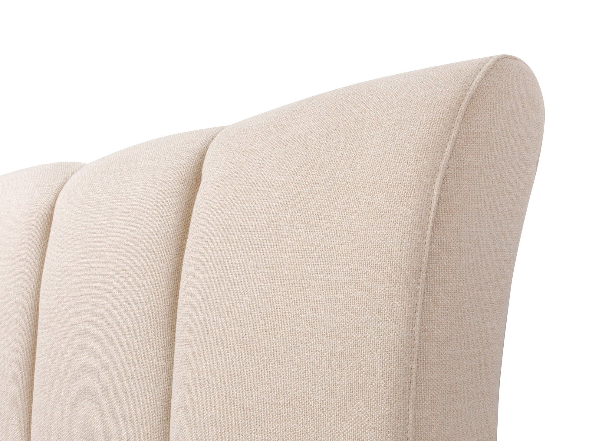 Cream channel tufted double/full bed with plush upholstery, sleek wooden legs, and elegant vertical stitching. Perfect for modern bedrooms seeking a blend of comfort and sophistication.