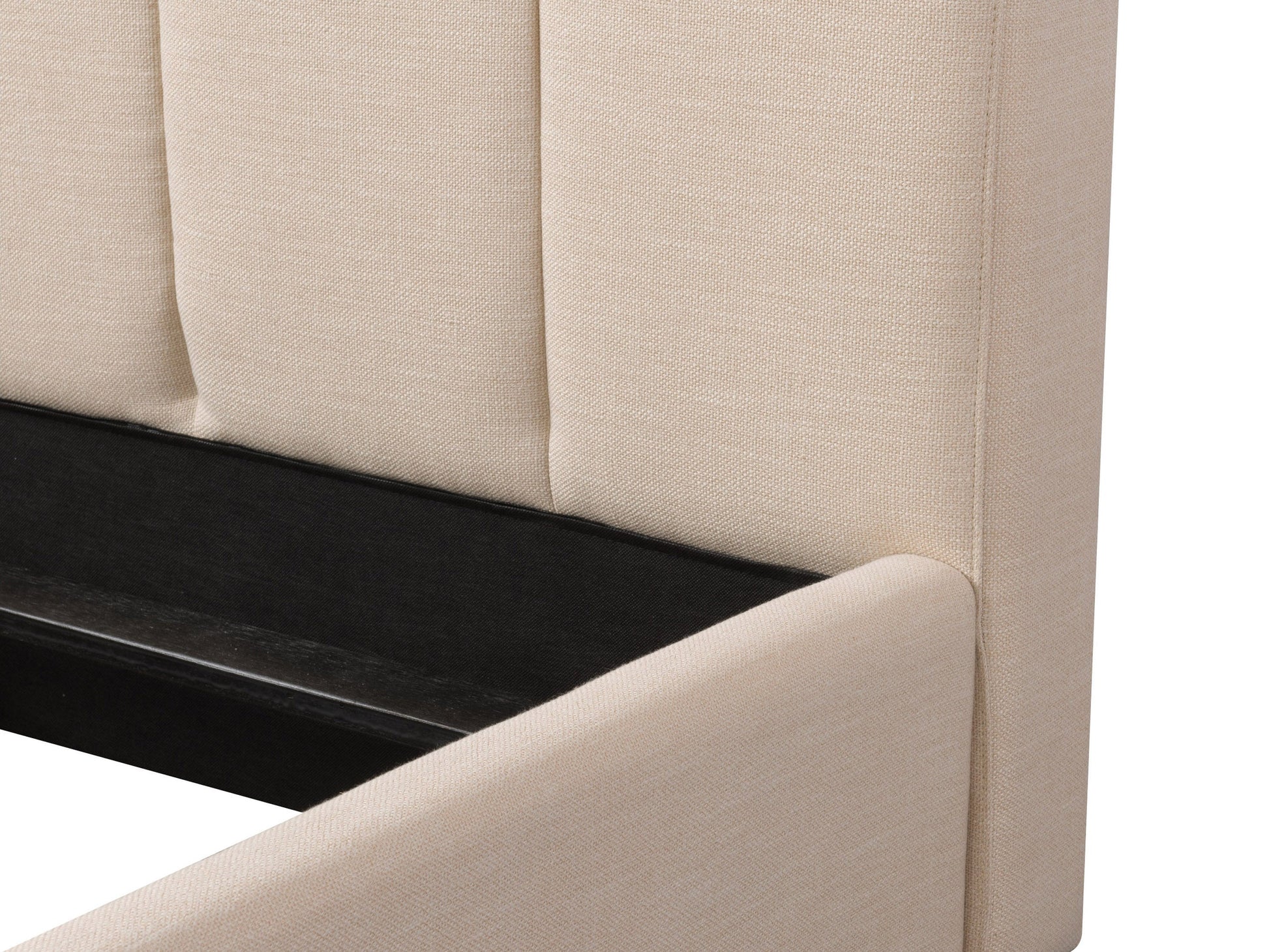 Cream channel tufted double/full bed with plush upholstery, sleek wooden legs, and elegant vertical stitching. Perfect for modern bedrooms seeking a blend of comfort and sophistication.