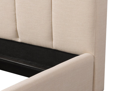 Cream channel tufted double/full bed with plush upholstery, sleek wooden legs, and elegant vertical stitching. Perfect for modern bedrooms seeking a blend of comfort and sophistication.