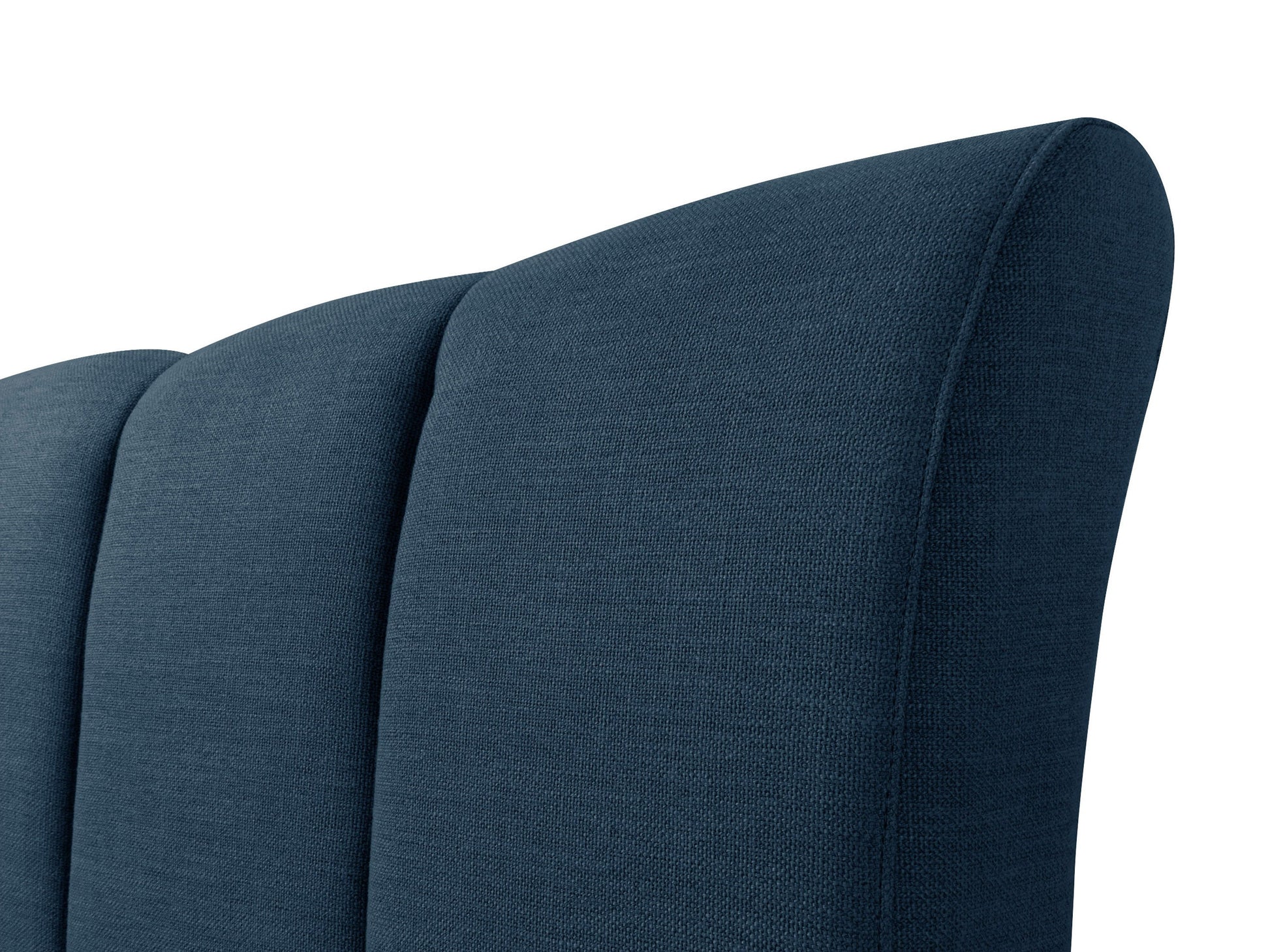 Navy blue channel tufted double/full bed with plush velvet upholstery, sleek modern design, and sturdy wooden legs. Perfect for adding a touch of elegance and comfort to any bedroom decor.
