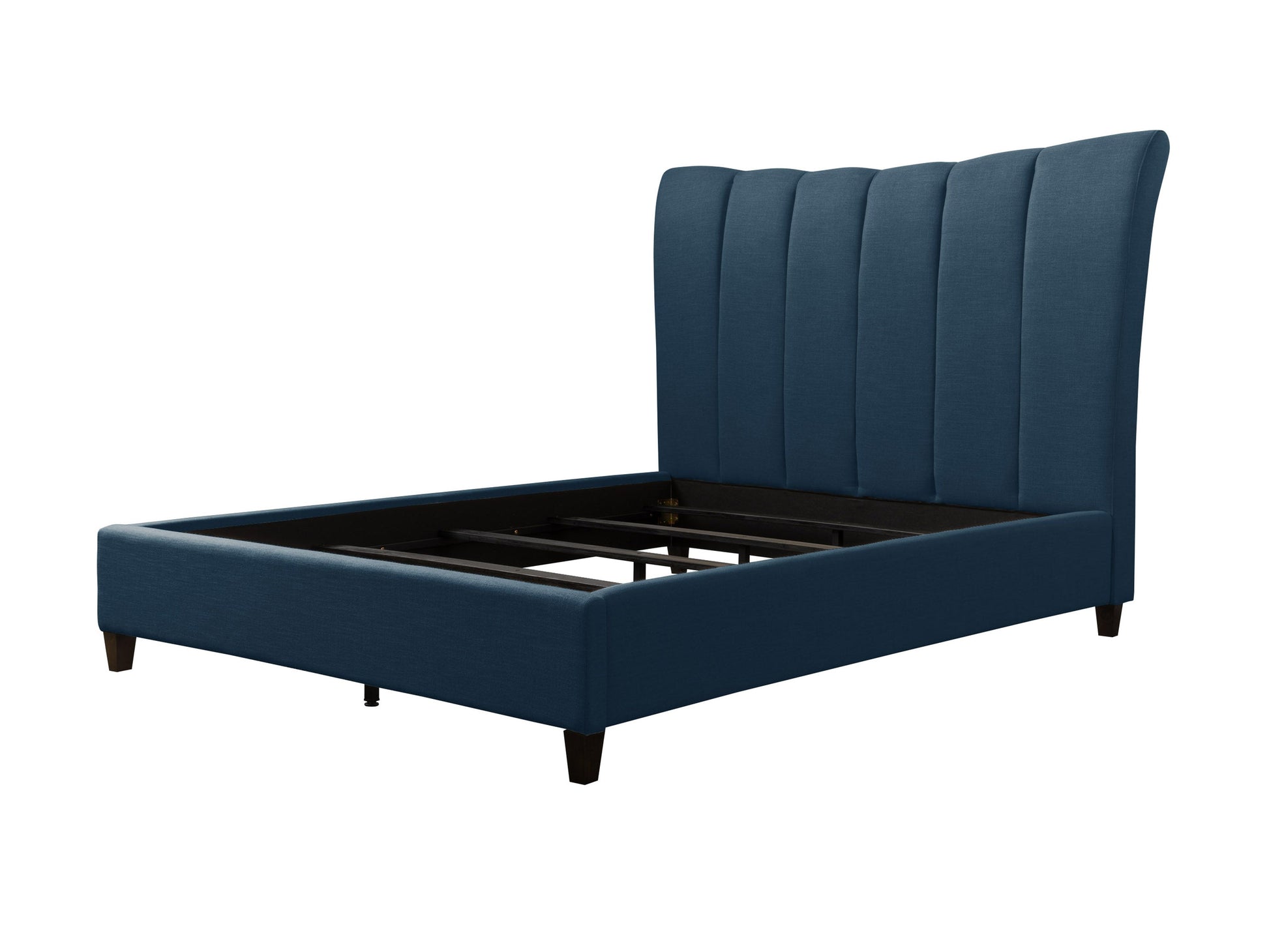 Navy blue channel tufted double/full bed with plush velvet upholstery, sleek modern design, and sturdy wooden legs. Perfect for adding a touch of elegance and comfort to any bedroom decor.