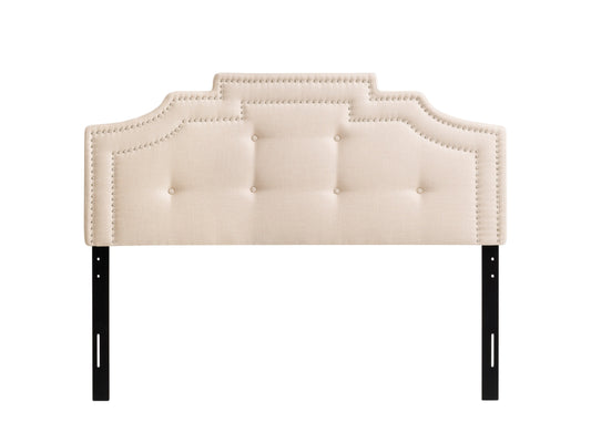 Cream padded headboard for full/double bed, featuring soft, tufted upholstery with a subtle sheen, elegant button detailing, and a sturdy wooden frame. Ideal for adding a touch of luxury to any bedroom.