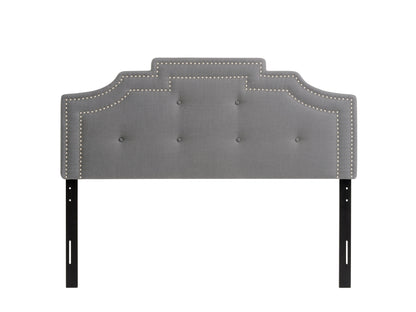 Light grey padded queen headboard with tufted design, soft fabric texture, and sturdy construction. Ideal for modern bedrooms, offering both comfort and style.